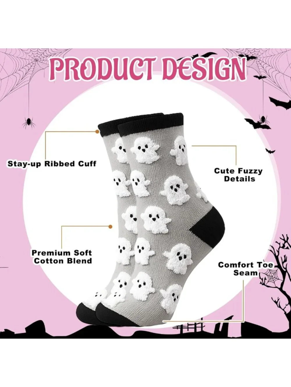 Cute Ghost Halloween Socks for Women - 6 Pairs Fuzzy Cotton Crew, Spooky Fun